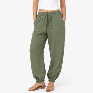 Stile Collection Olive Green Linen Blend Jogger Pants Womens Large